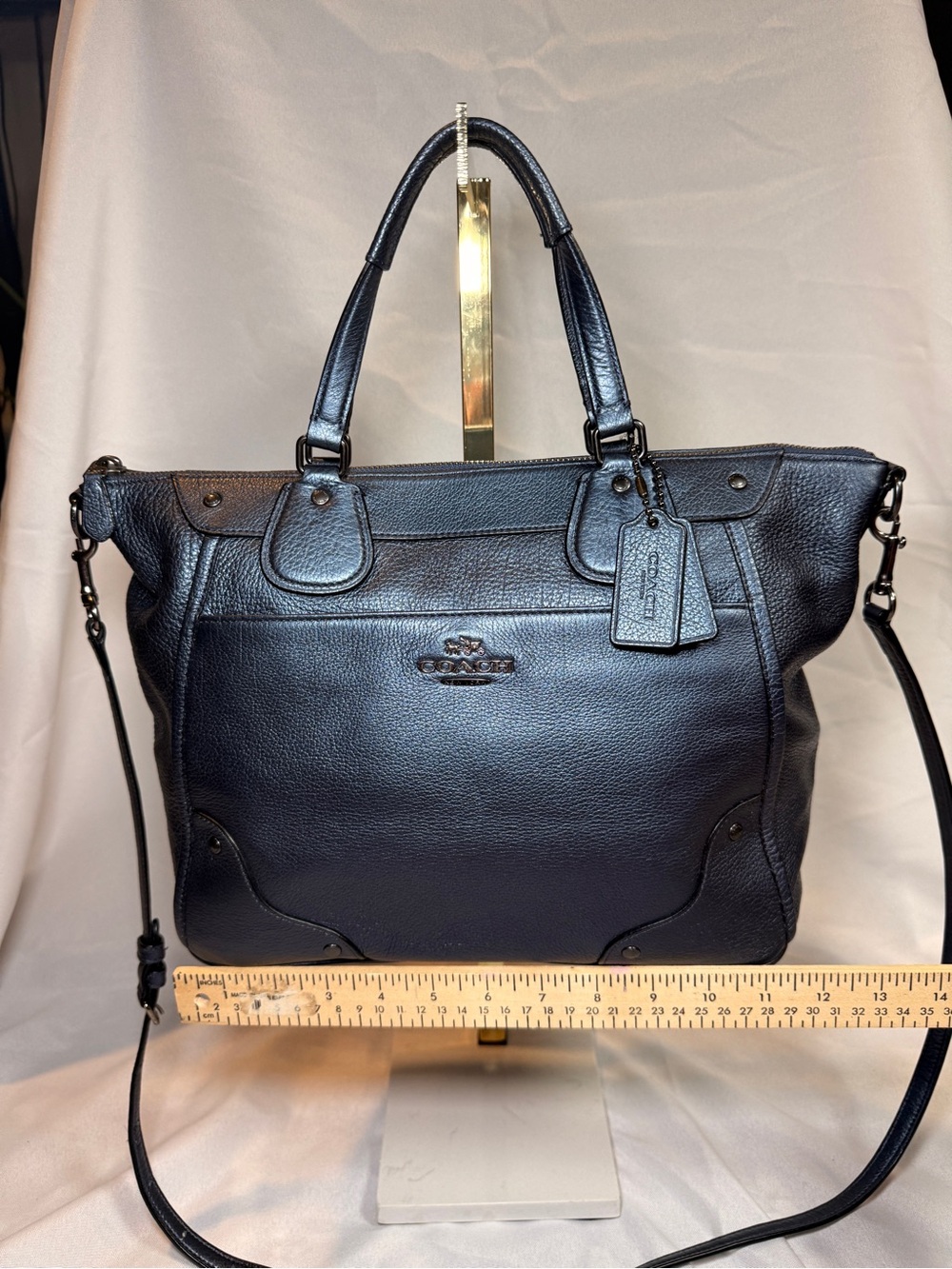 Coach Mickie Metallic Blue Pebbled Leather Tote with Removable Strap